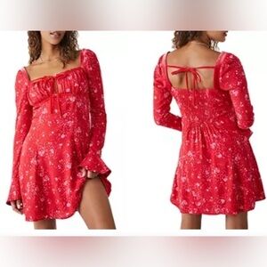 Free People Women's Tess Floral Velvet Trim Mini Dress Red Pop Combo XS 0651